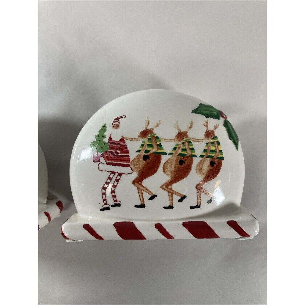 Collections Santa Reindeer Napkin Holder Set Of 2 Holly Tree Candy Cane Vintage - Picture 11 of 11